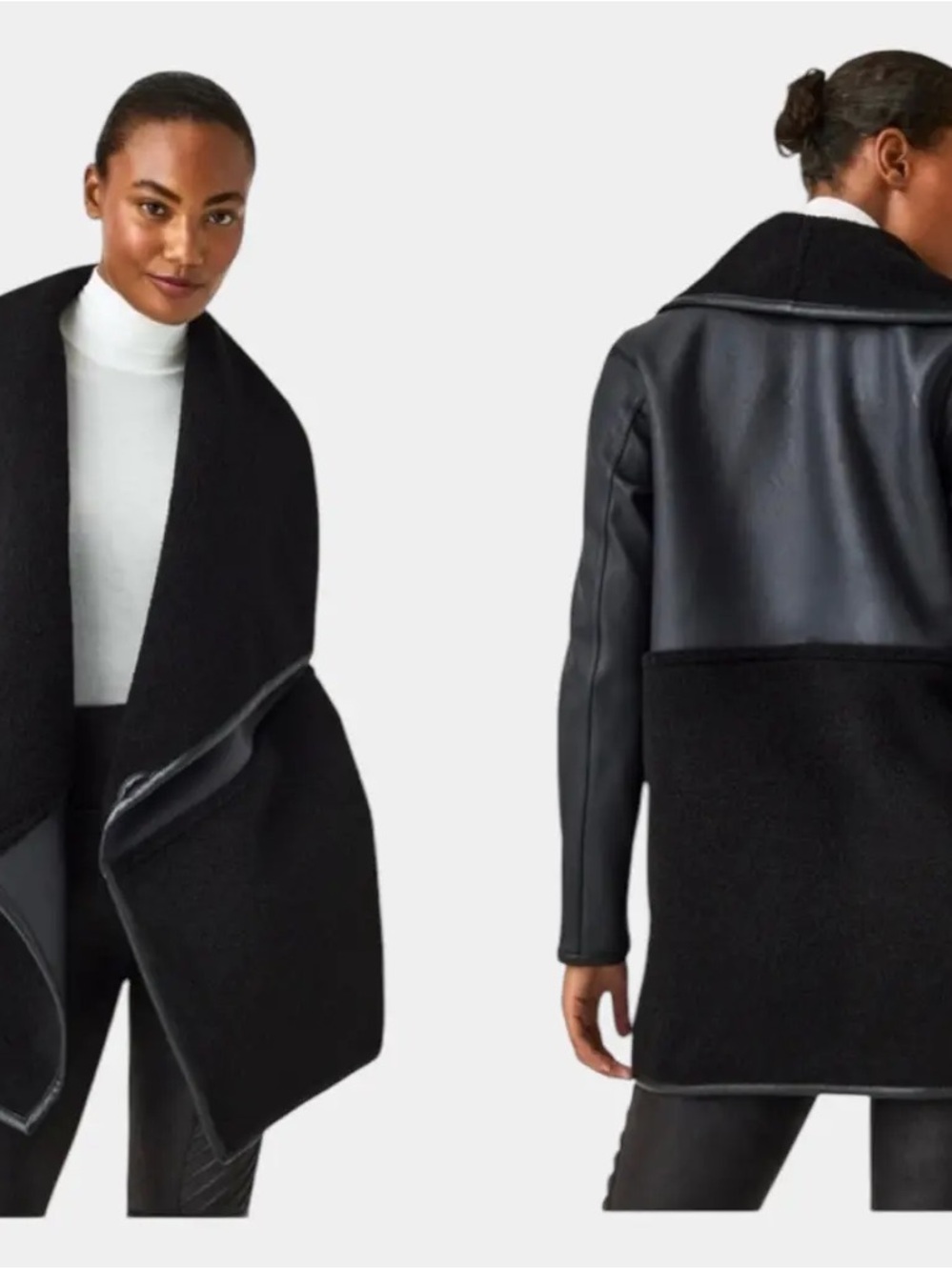 SPANX Fleece & Faux Leather Long Wrap Jacket Very Black/Very Black